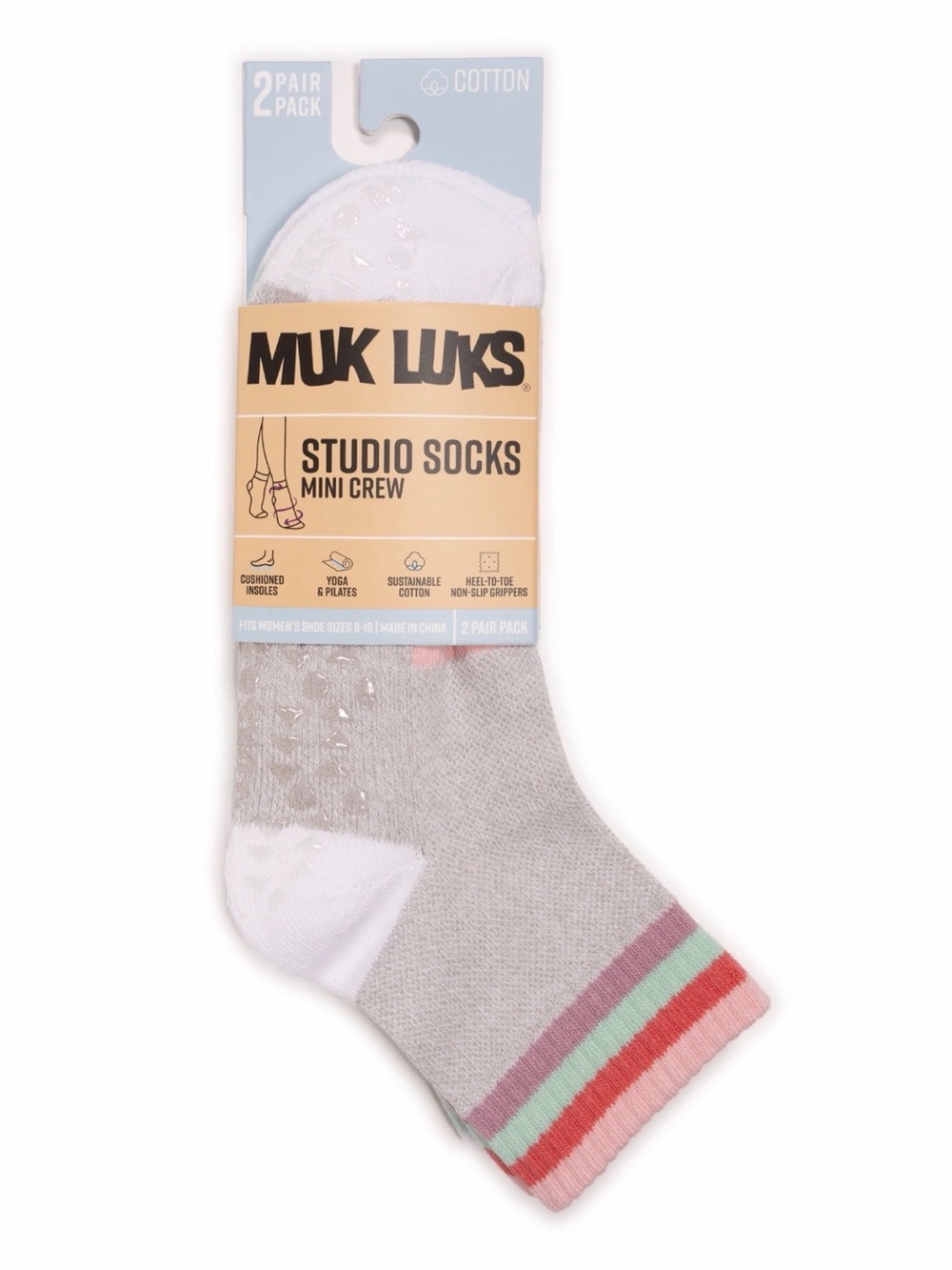 Muk Luks Gray Studio Crew Socks with Pink and Mint Stripes - 2 Pack